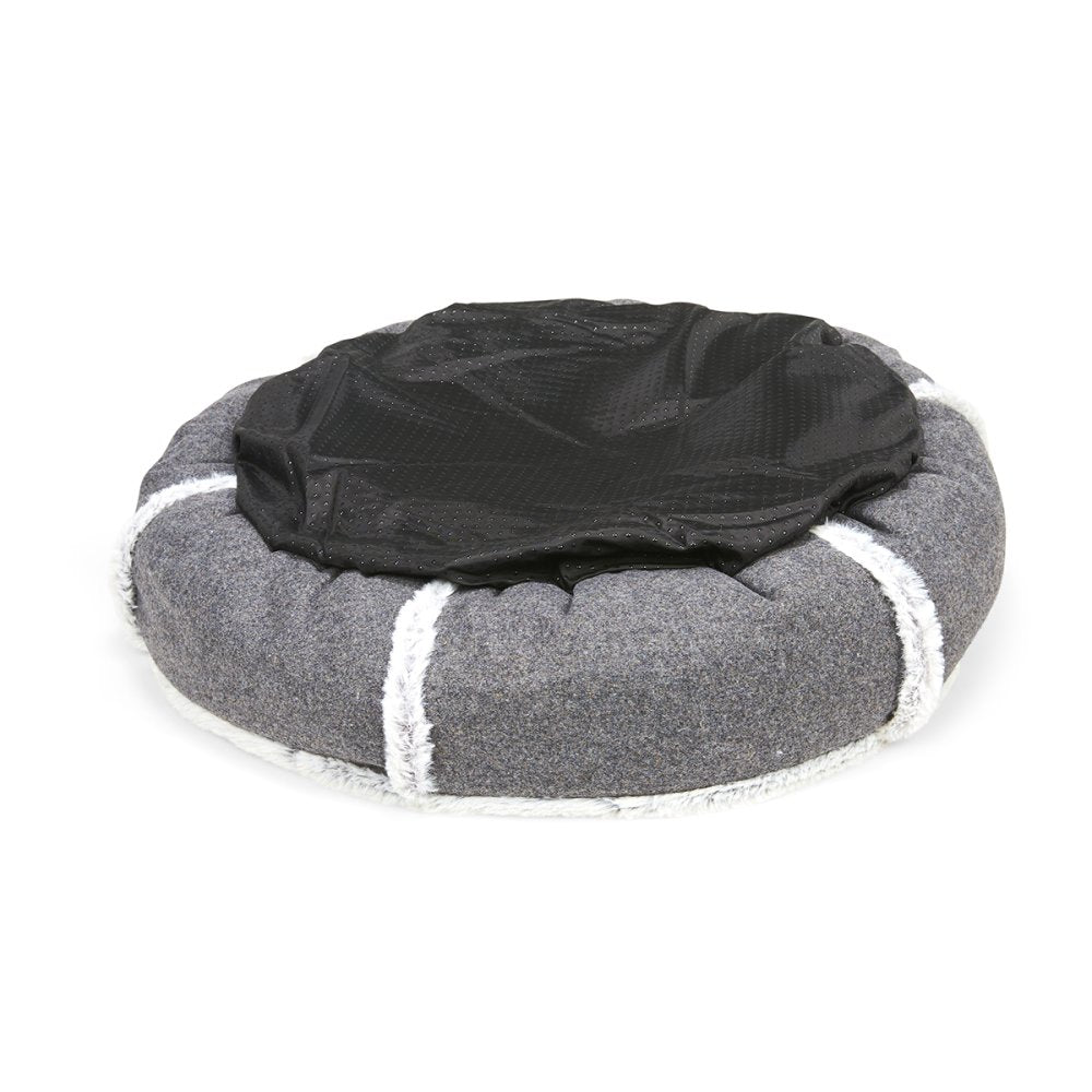 Gray pet bed with a black cushion on a white background