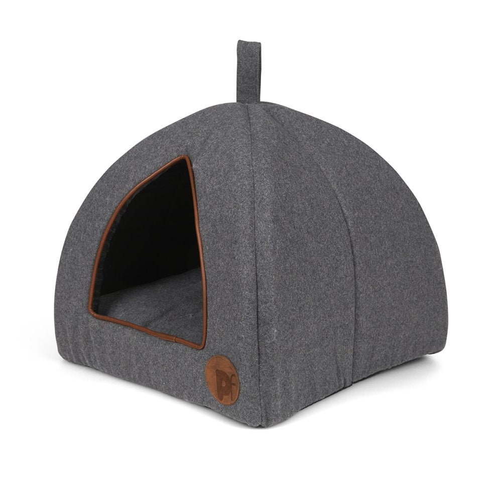 Graphite grey felt cat igloo with a cosy interior and reversible cushion