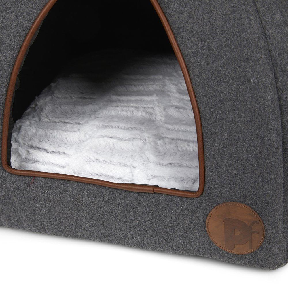 Gray pet bed with a brown interior and visible brand logo on a white background