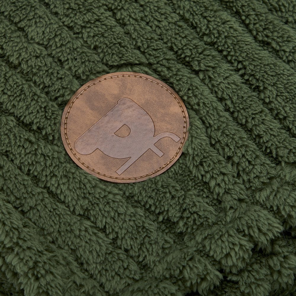 Green textured fleece pet comforter with a brown logo patch