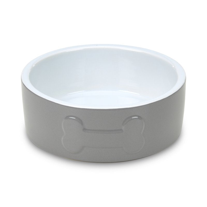 Gray pet bowl with a white interior on a white background