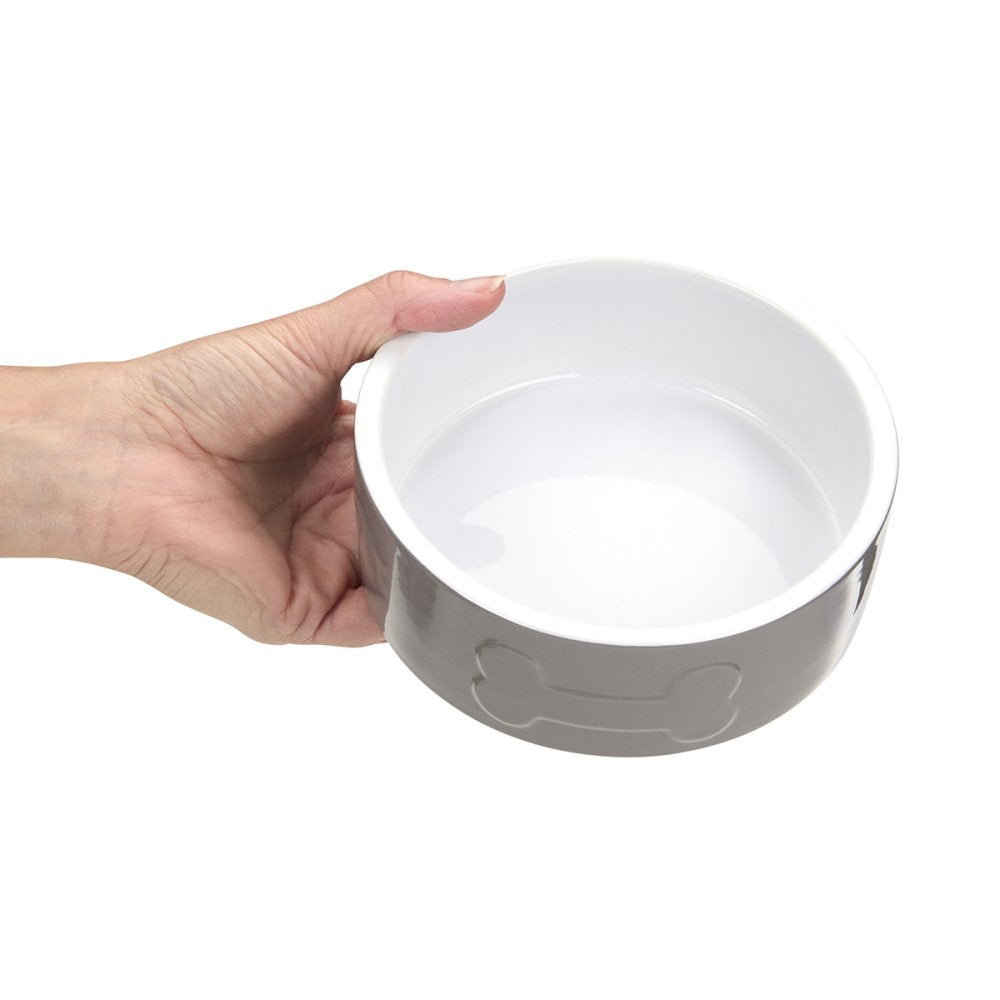 Hand holding a white pet bowl with a gray base on a white background