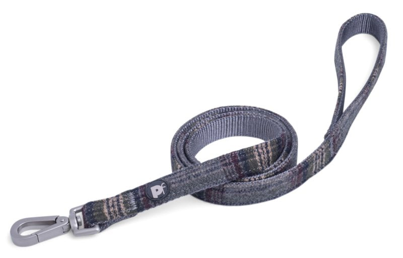 Grey check dog lead with patterned fabric and metal clip