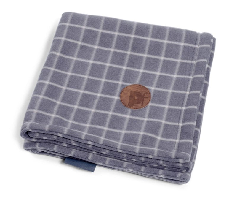 Folded gray checkered blanket with a brown logo on a white background