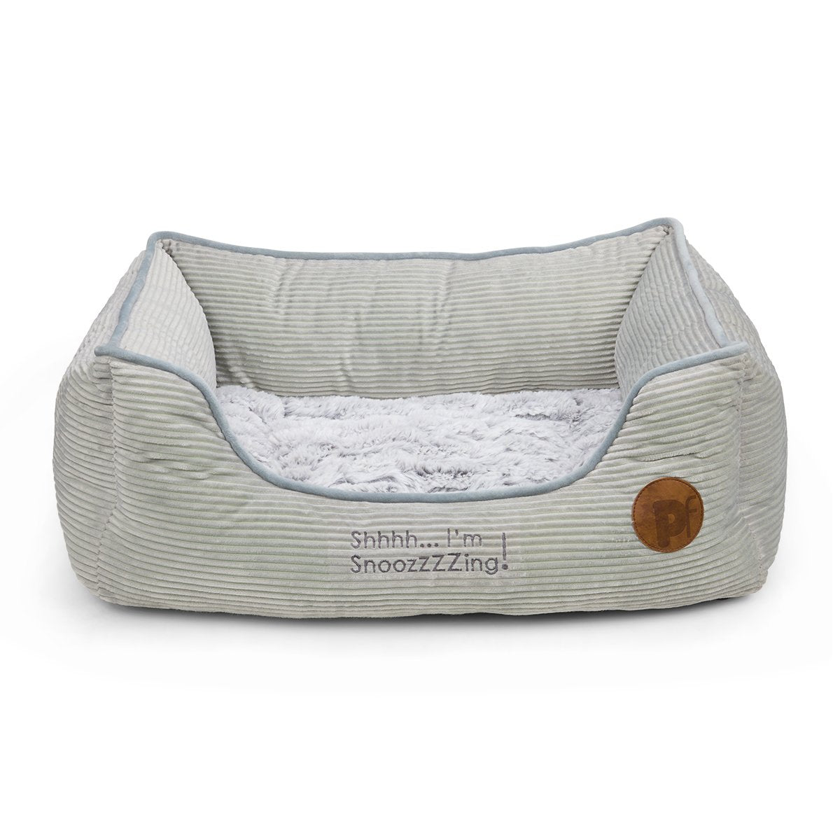 Gray pet bed with text on a white background