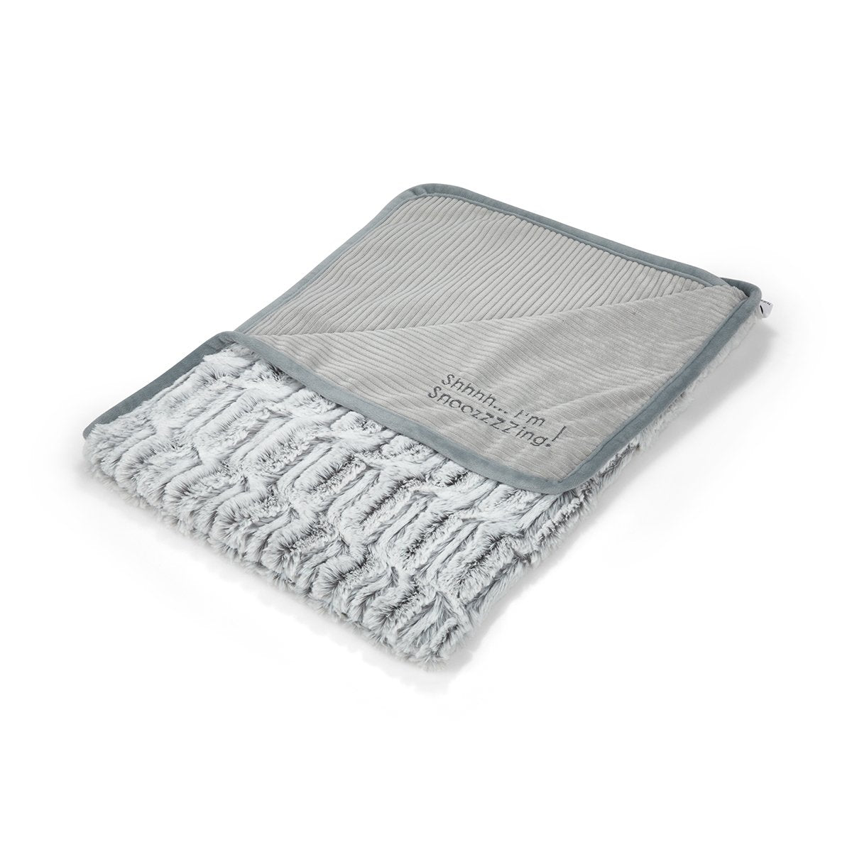 Grey cord pet comforter blanket with embroidered snoozing message