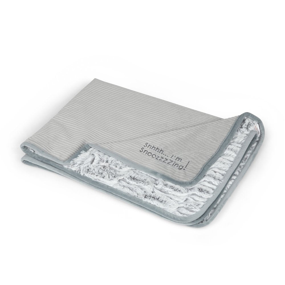Gray pet blanket with text on a white background