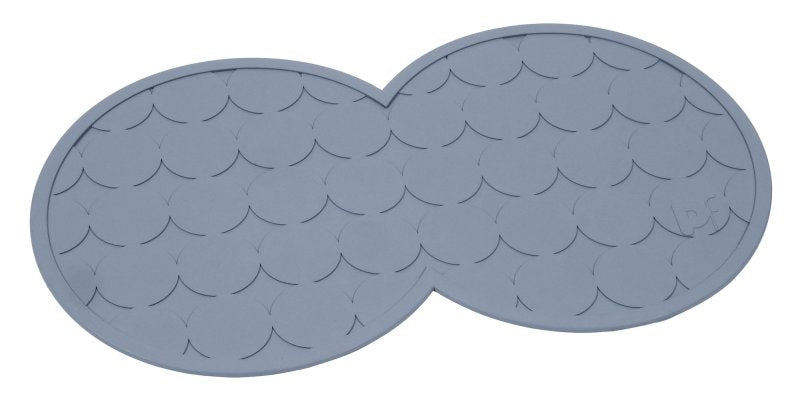 Two grey circular placemats interlocking with scalloped edges on a white background