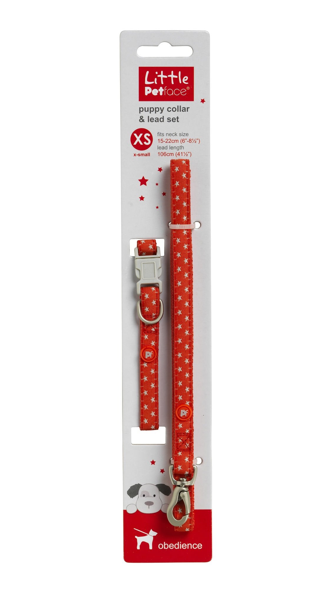Red and silver star puppy collar and lead set on packaging with 'Little Pet Face' branding.