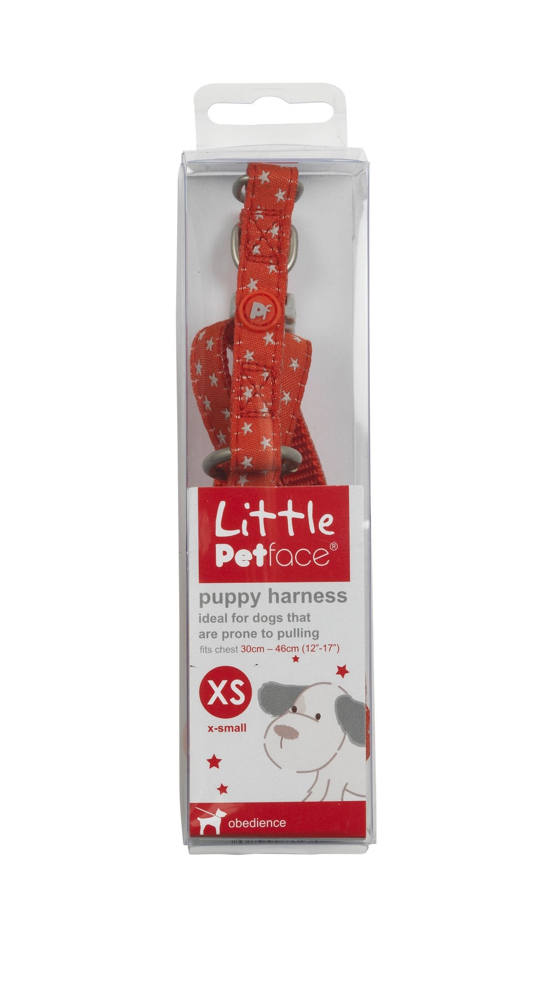 Red puppy harness with star pattern in packaging on a white background
