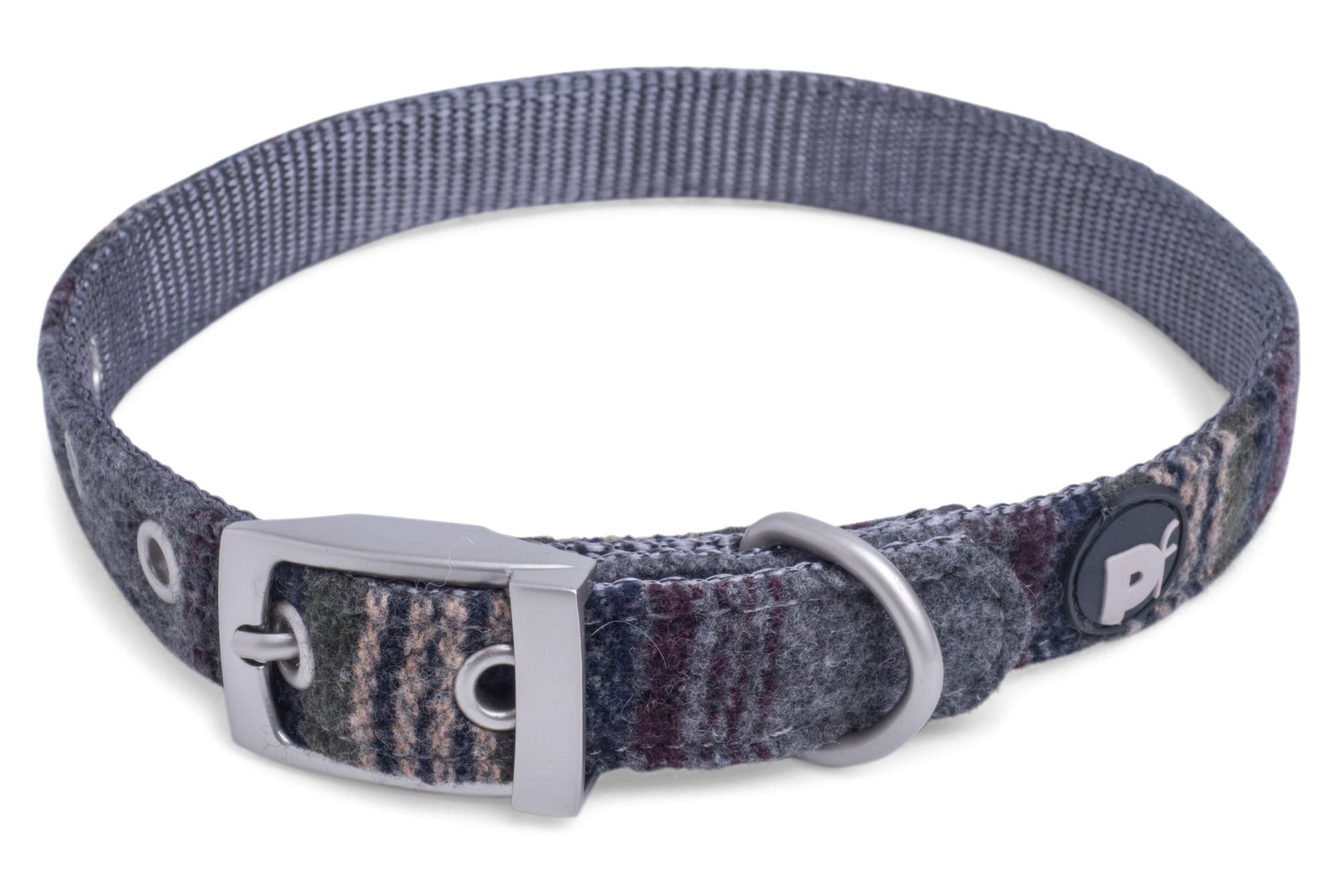 Dog collar with a patterned design and metal buckle on a white background