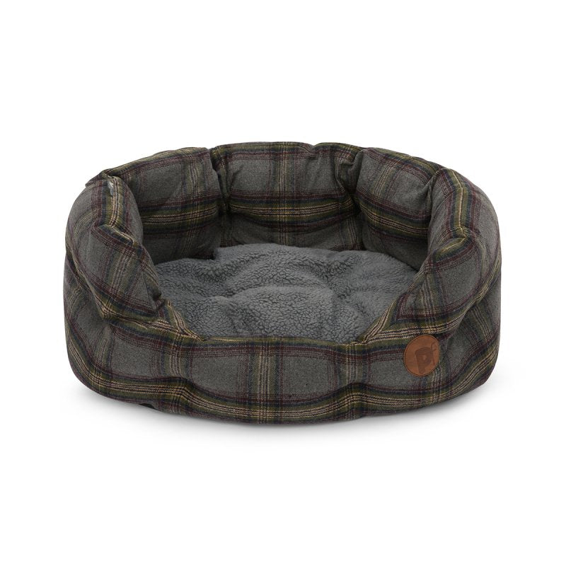 Plaid pet bed with gray cushion on a white background