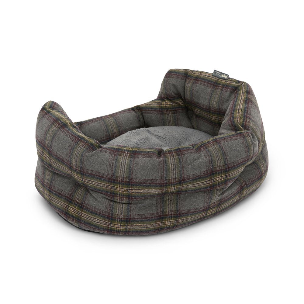 Plaid patterned pet bed on a white background
