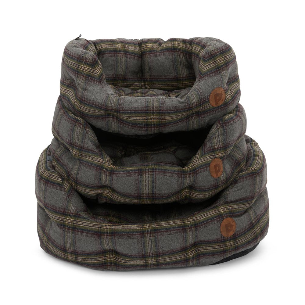 Plaid patterned pet beds with button details on a white background