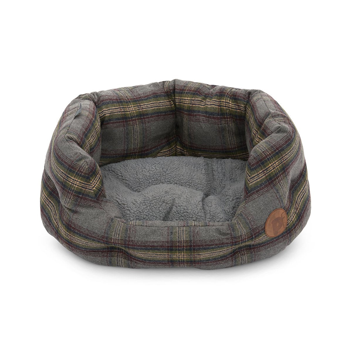 Plaid patterned pet bed with a soft interior on a white background