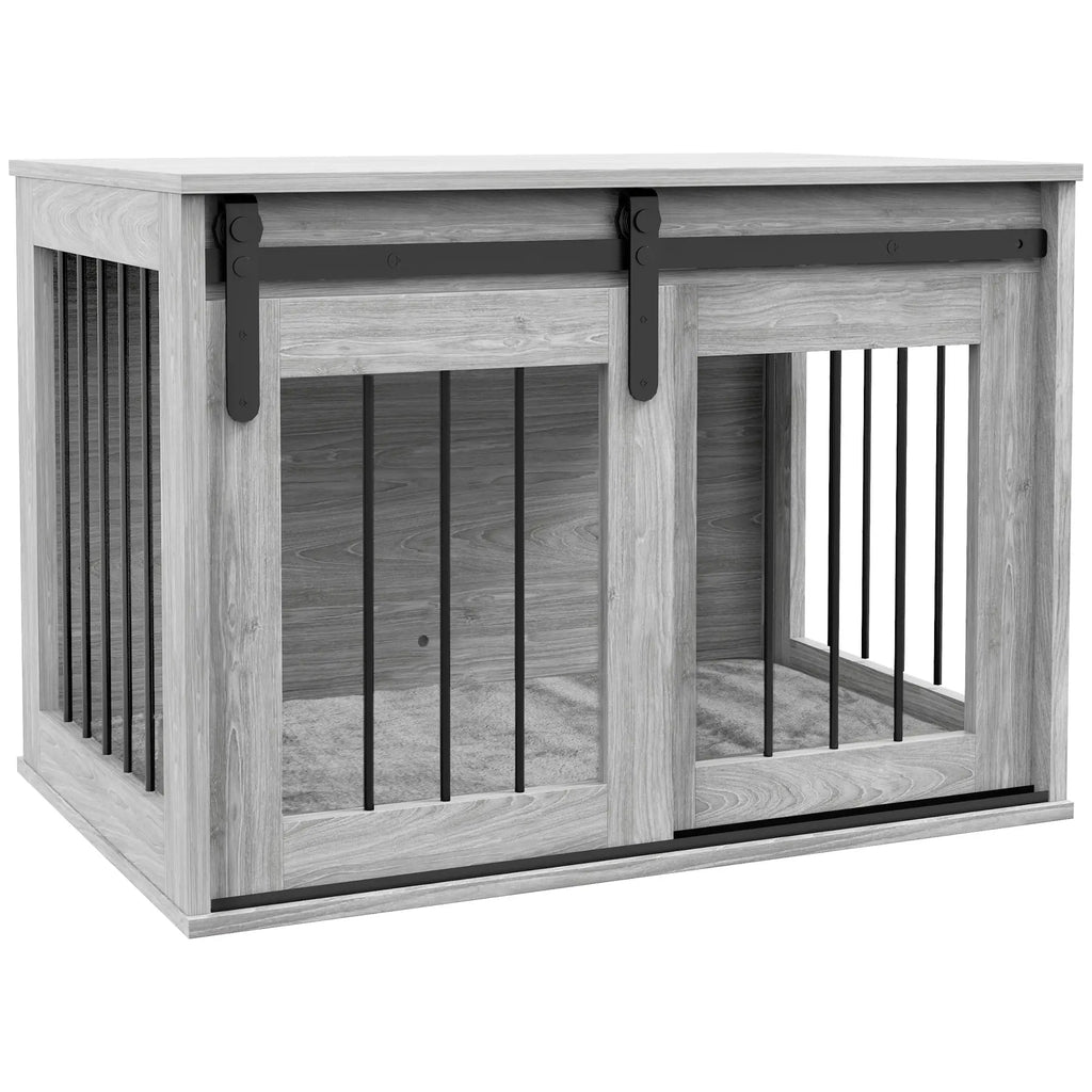 Wooden pet crate with sliding glass doors on a white background