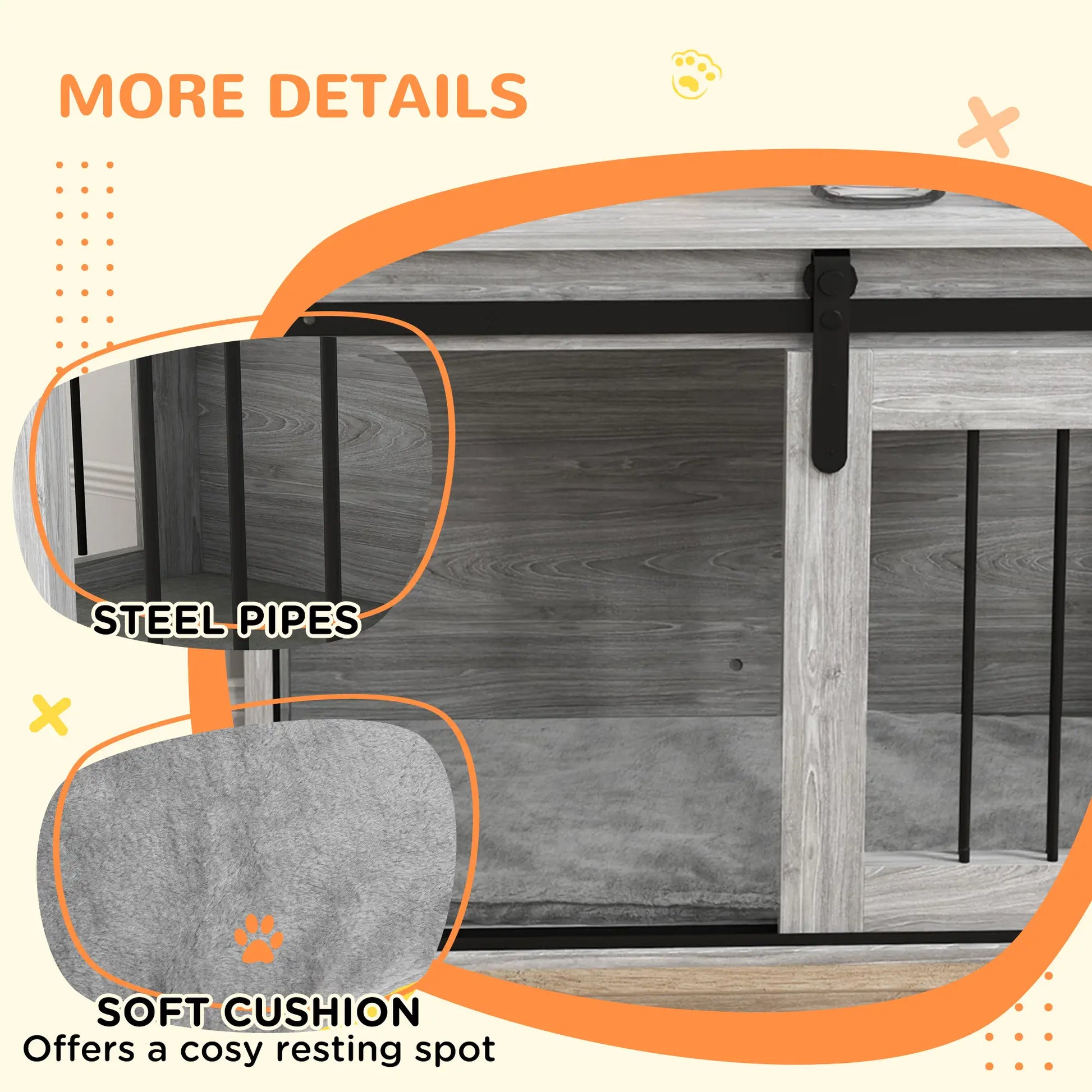 Pet enclosure with steel bars and soft cushion, labeled 'More Details'.