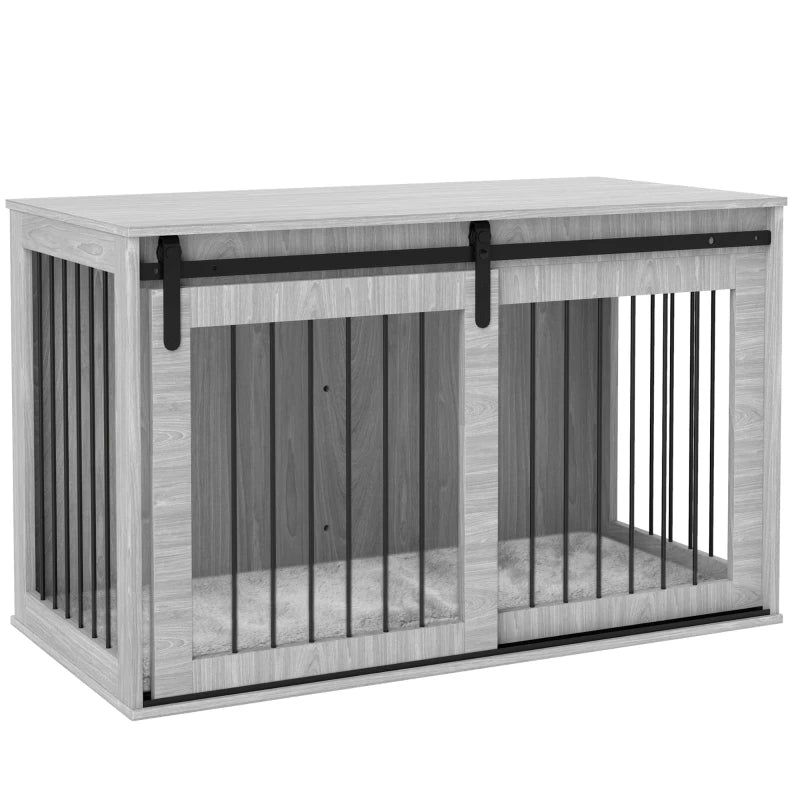 Pet crate with wooden finish and metal bars on a white background