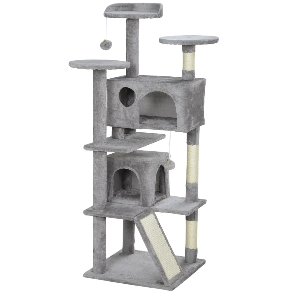 Gray cat tree with multiple levels and a hanging toy on a white background