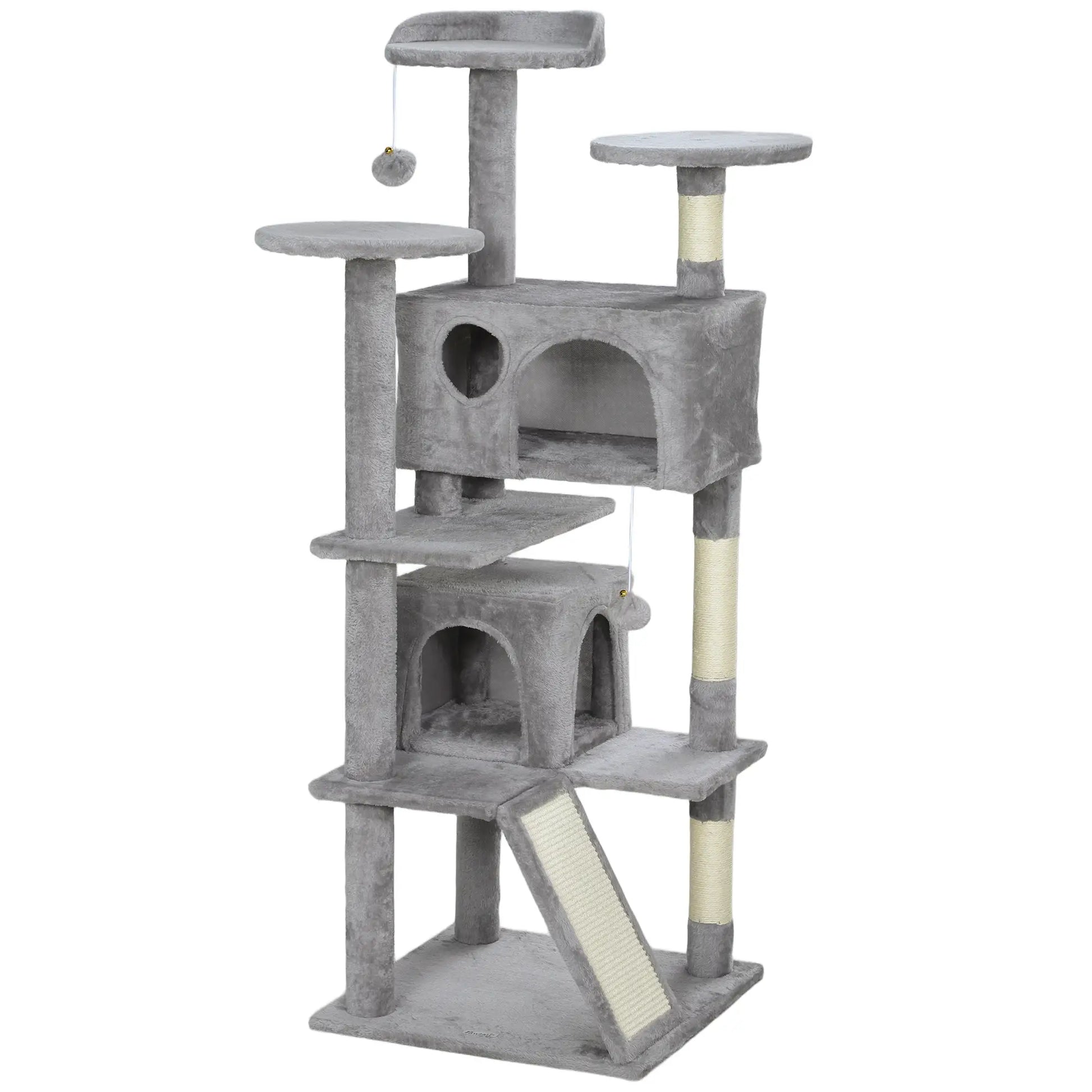 Gray cat tree with multiple levels and a hanging toy on a white background