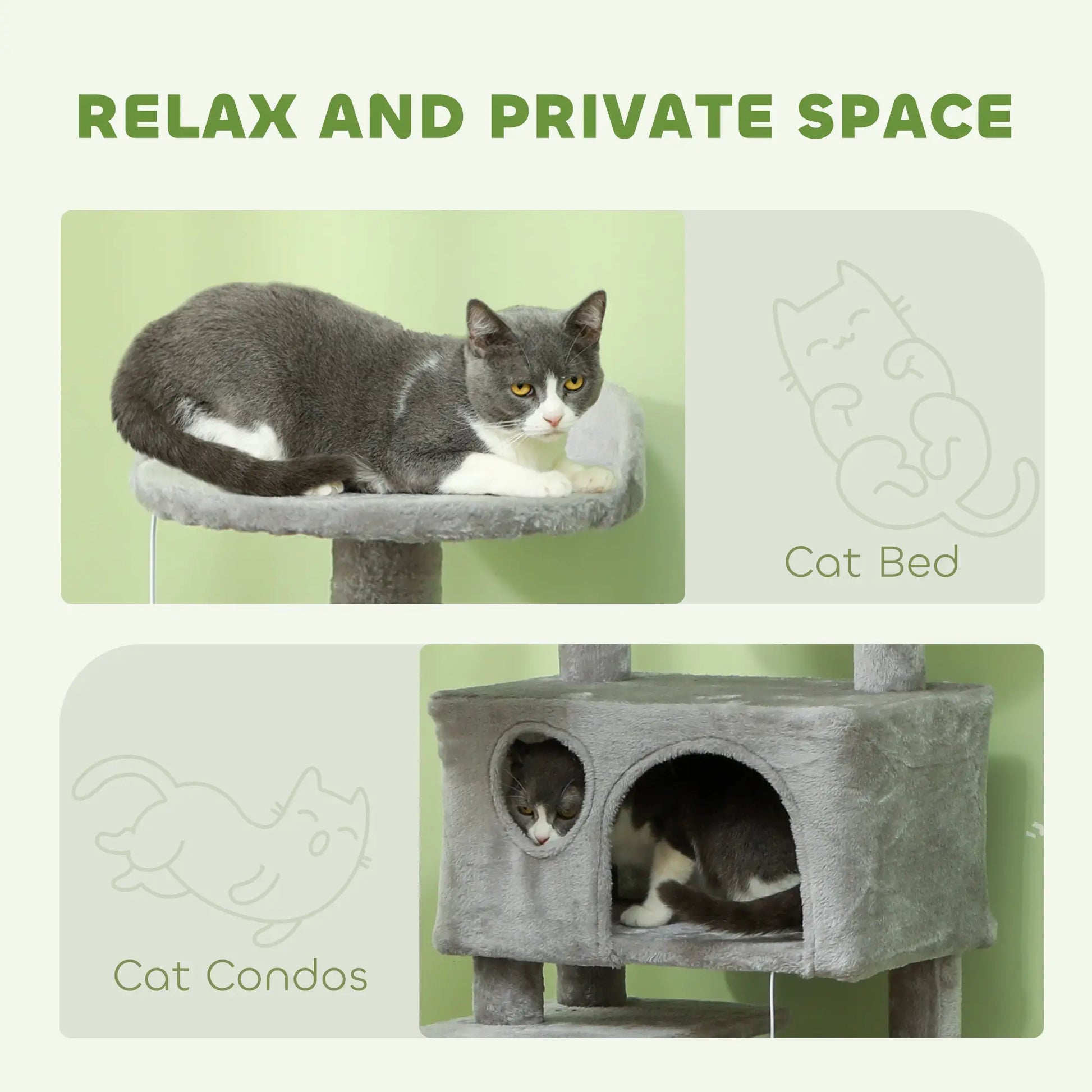 Cat bed and cat condos with a cat on a green background