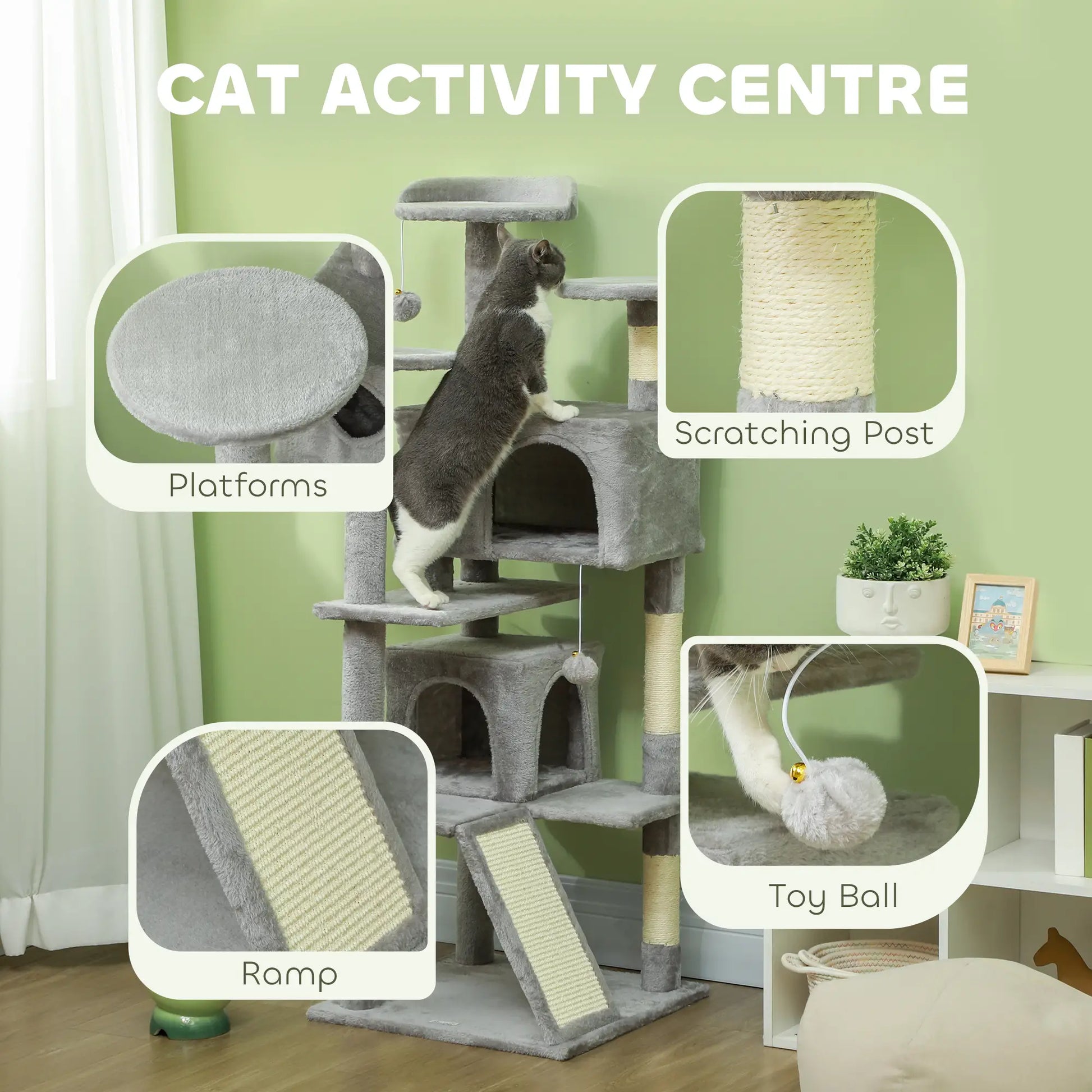 Cat activity center with various features labeled on a green wall background