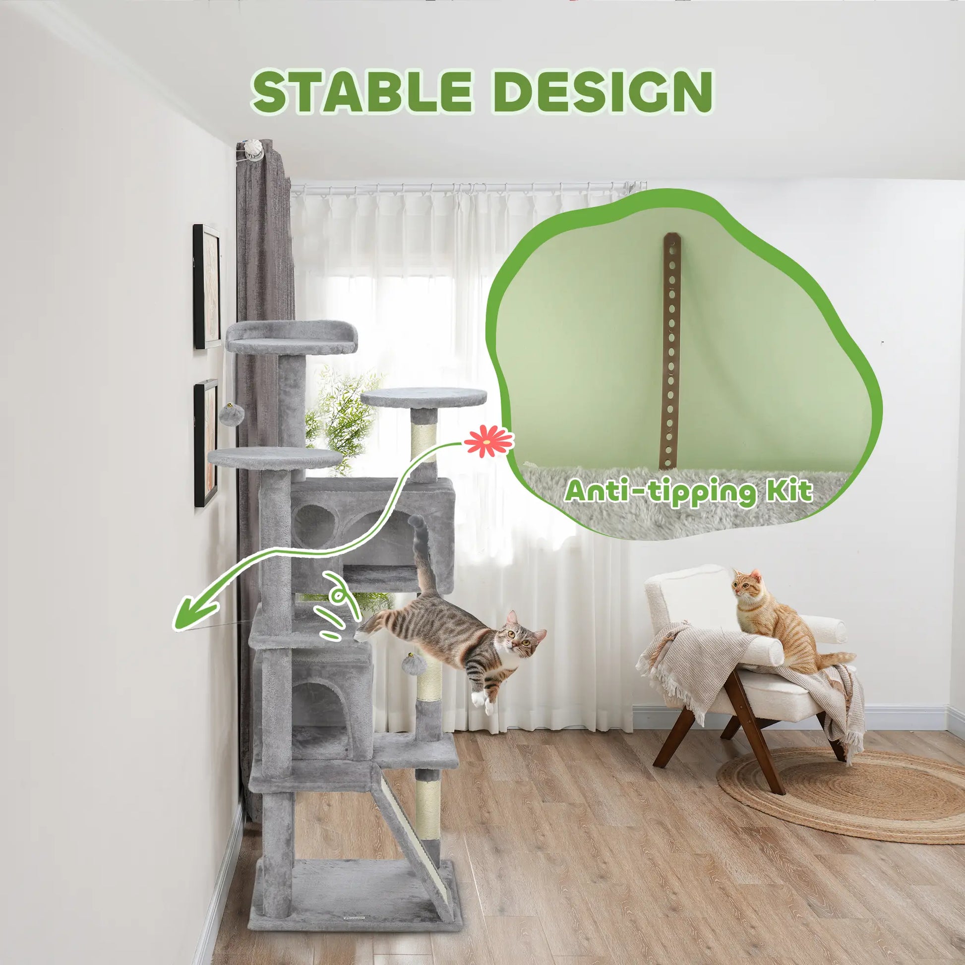 Cat tree with anti-tipping kit feature in a room setting