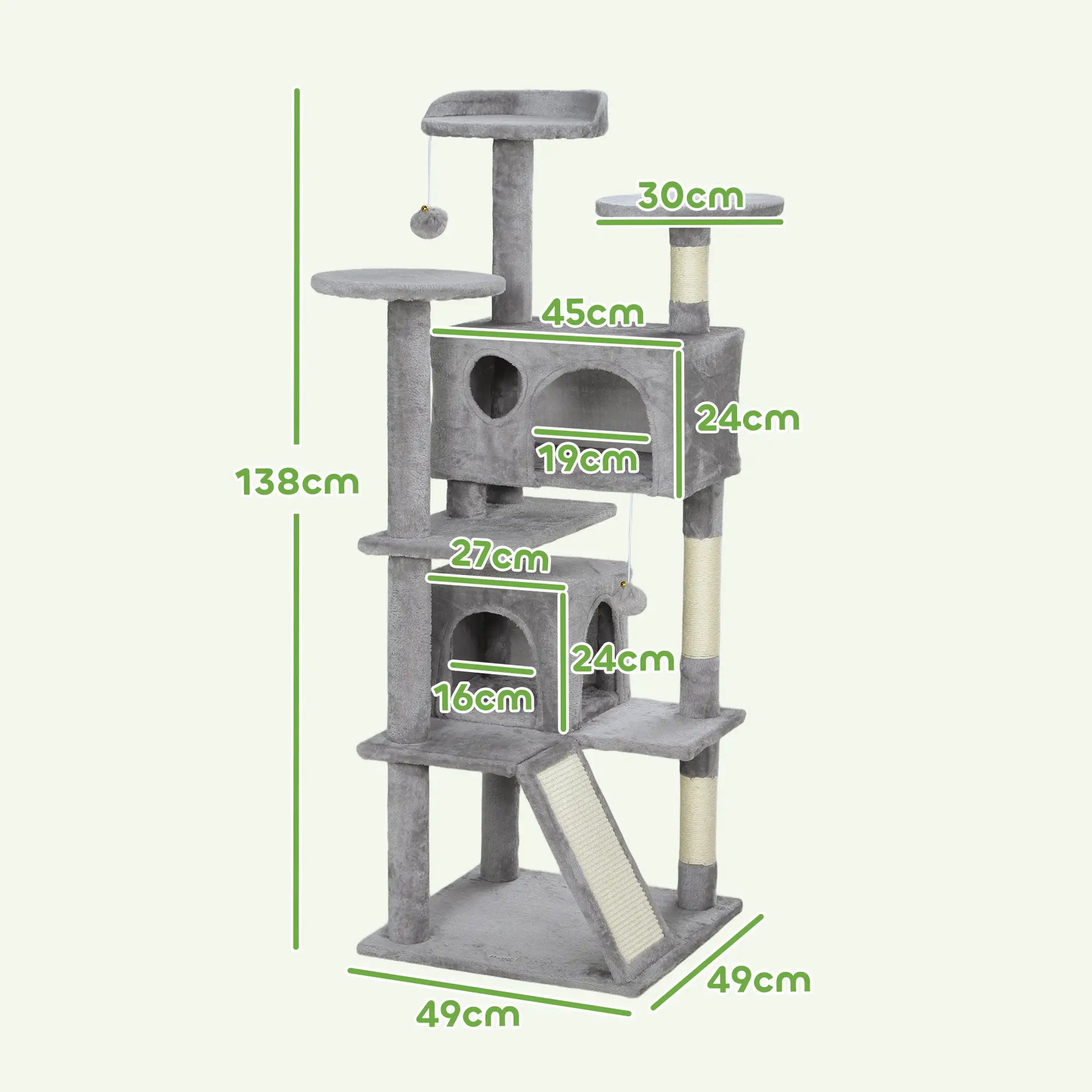 Gray cat tree with dimensions labeled on a white background
