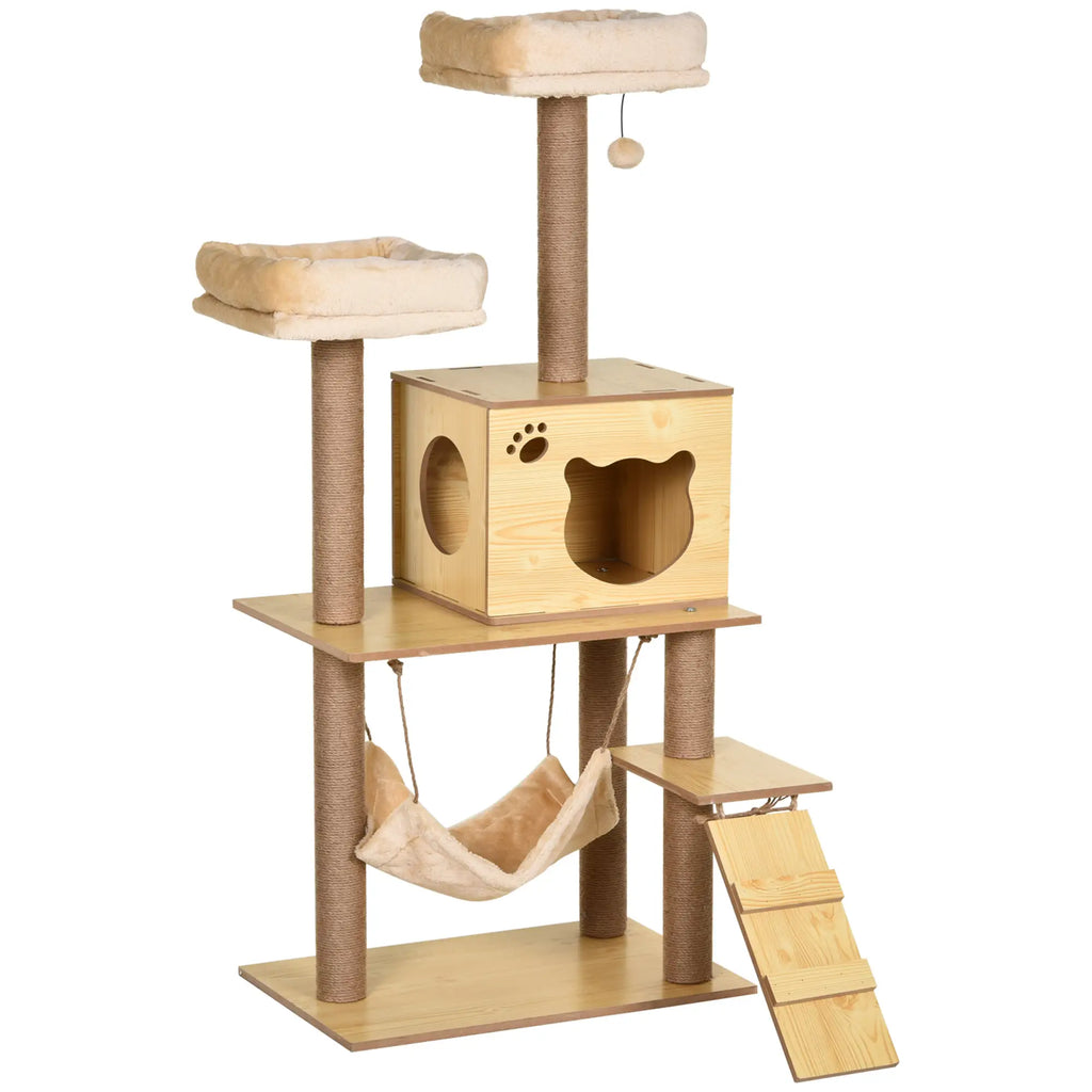Cat tree with wooden structure, platforms, and a hammock on a white background