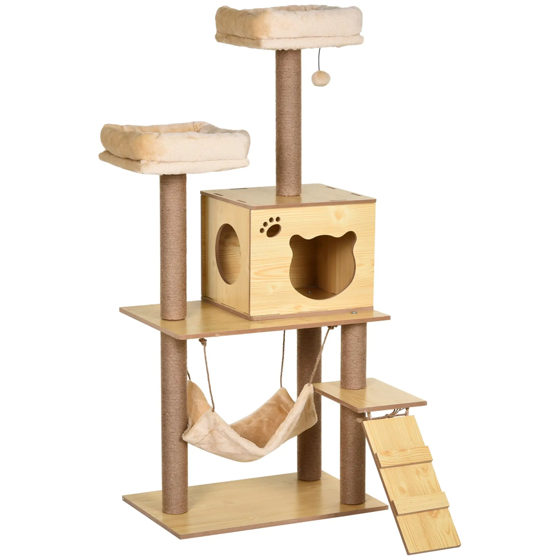 Cat tree with wooden structure, platforms, and a hammock on a white background