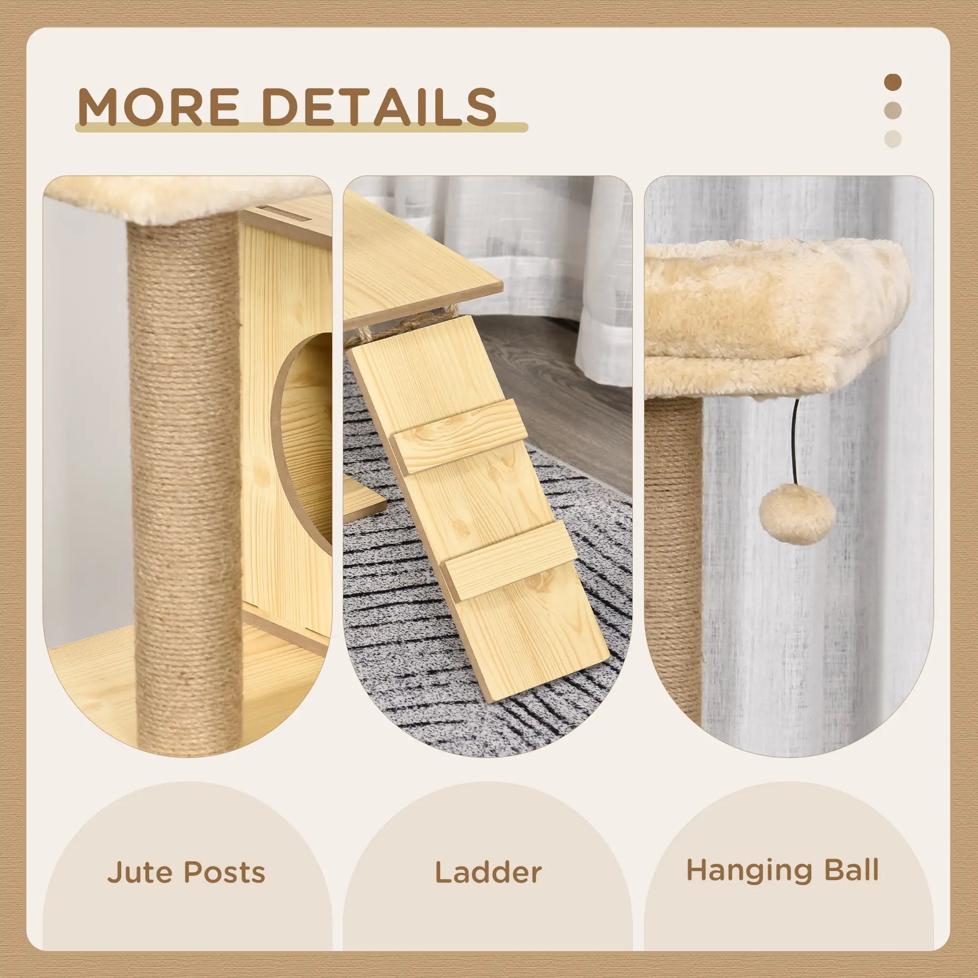 Cat play structure with jute posts, ladder, and hanging ball on a beige background.