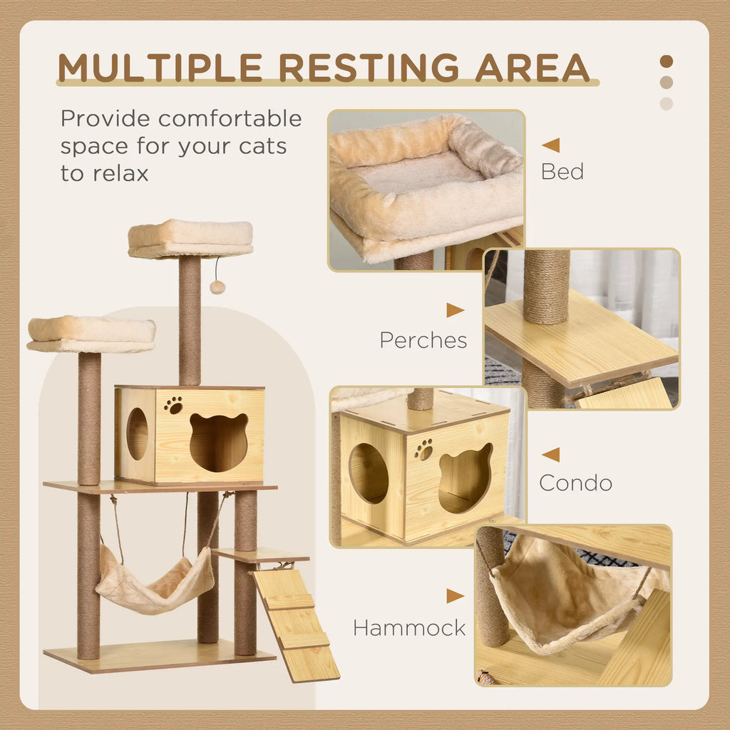 Cat tree with multiple resting areas including a bed, perches, a condo, and a hammock.