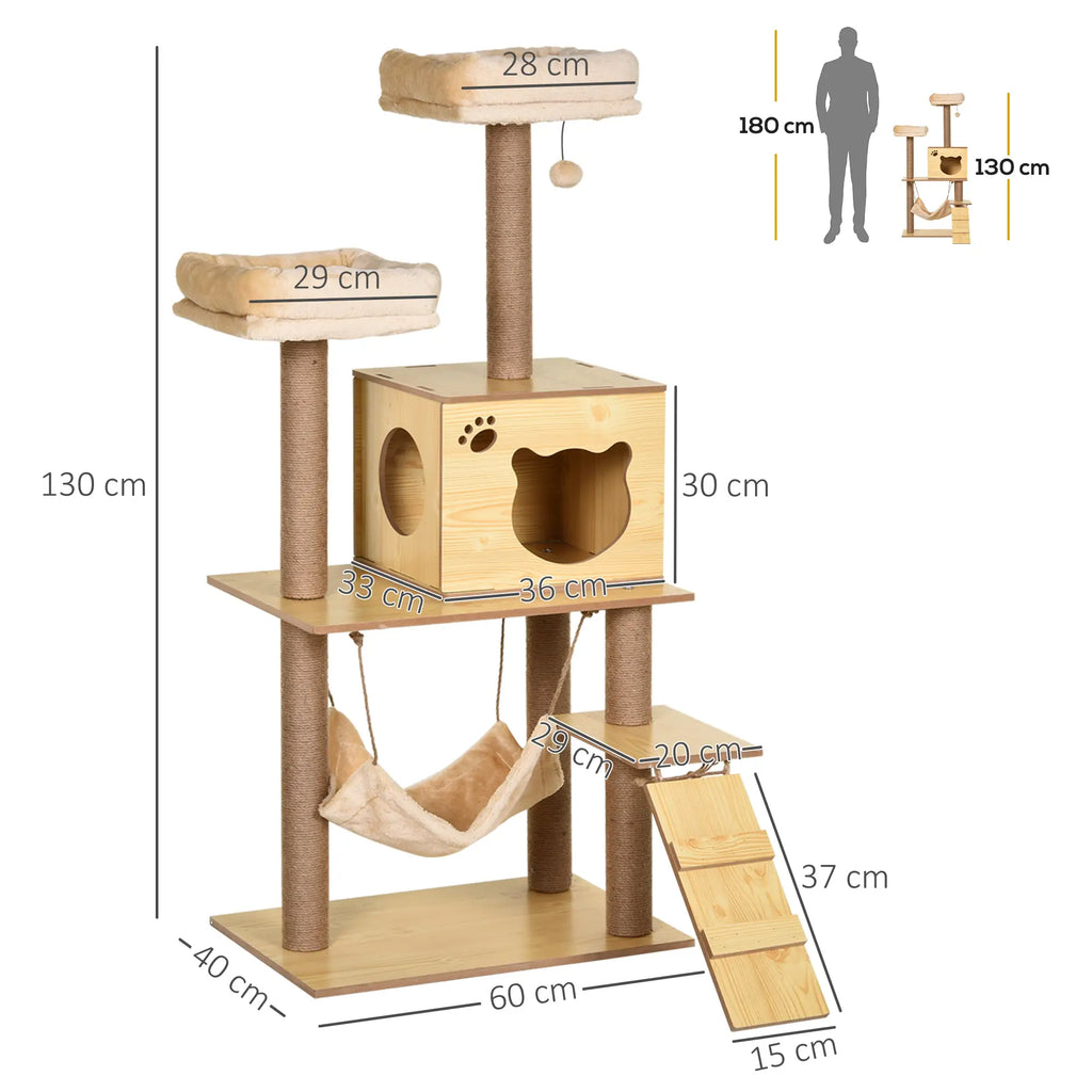 Wooden cat tree with dimensions labeled on a white background