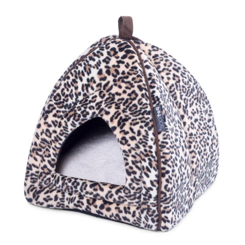 Leopard print pet bed with a brown handle on a white background
