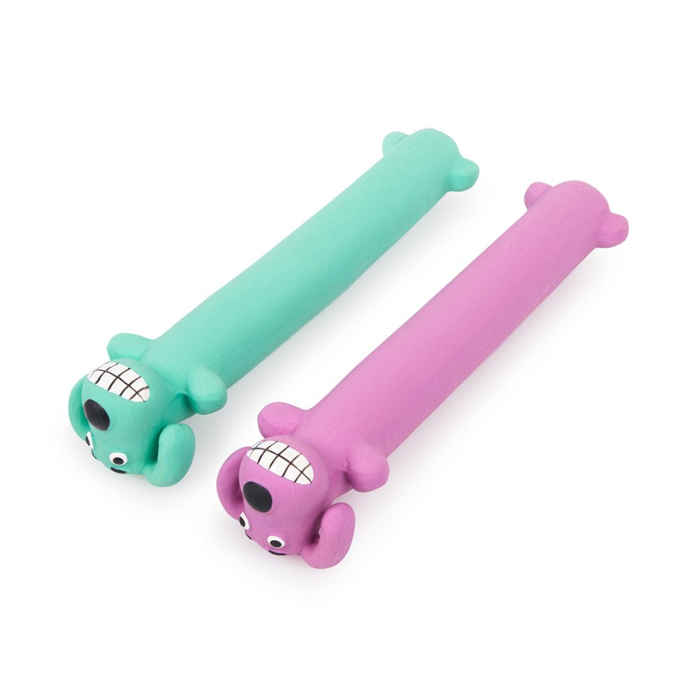 Two colorful dog chew toys, one green and one pink, on a white background.