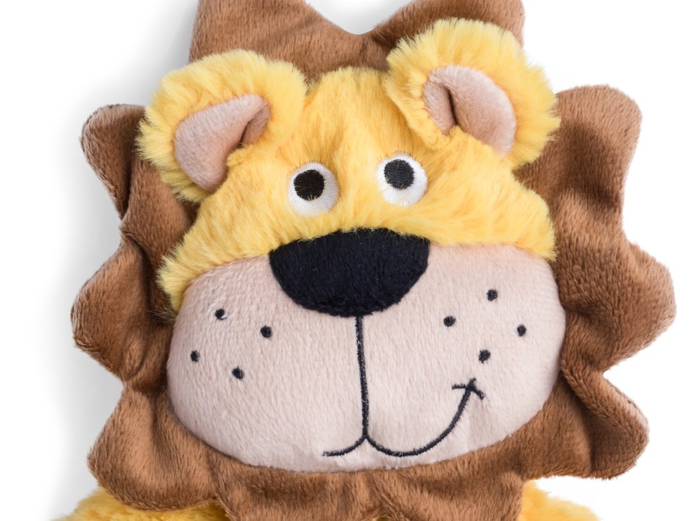 Plush lion toy with a smiling face on a white background