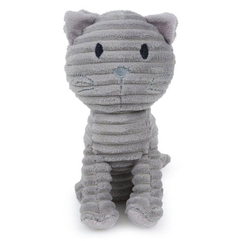 Gray plush dog toy on a white background