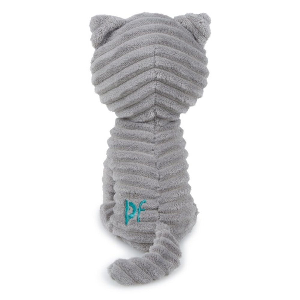 Gray plush toy with cat ears and tail on a white background