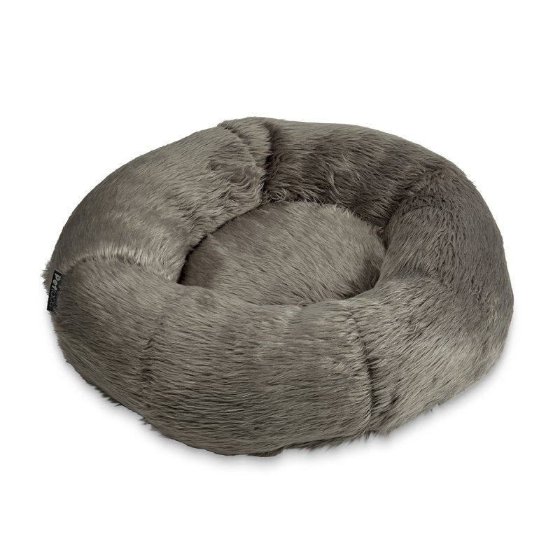 Gray fluffy donut pet bed on a white background