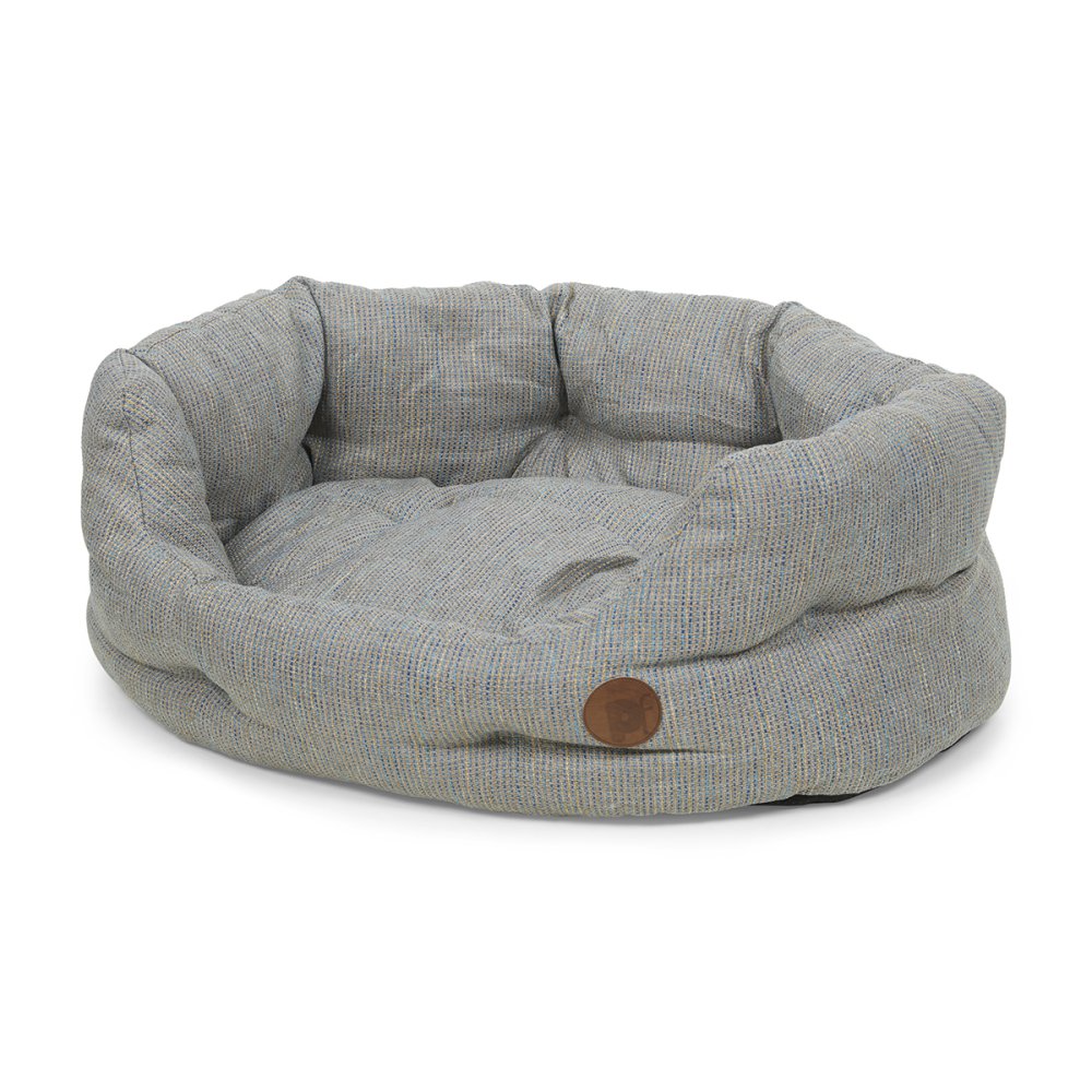 Gray checkered pet bed with a brown button on a white background