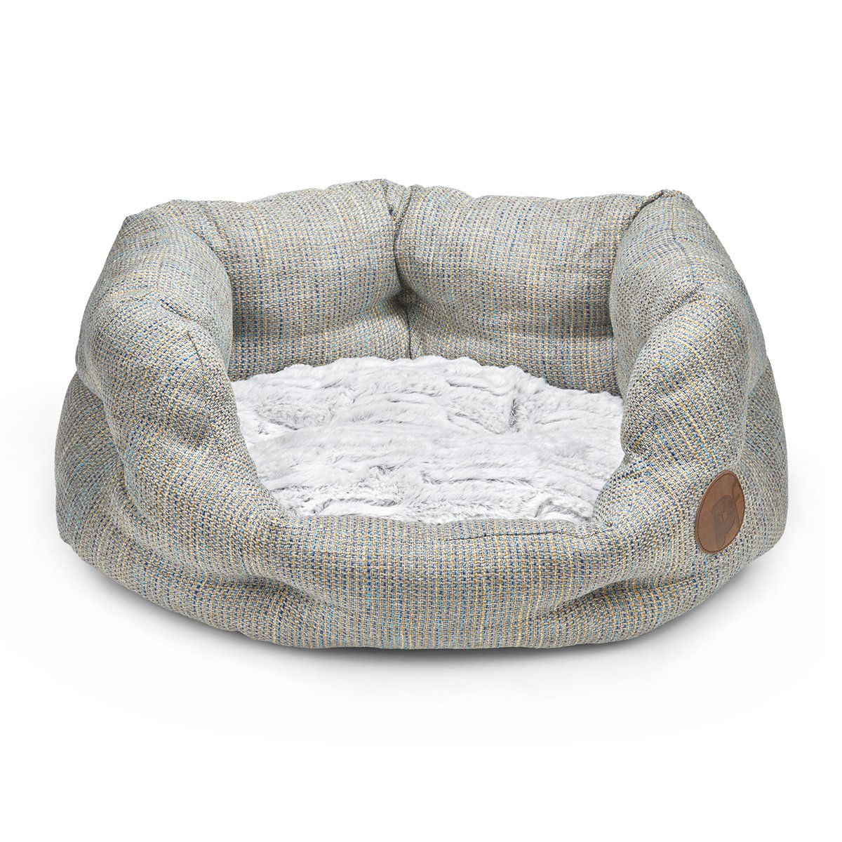Textured grey Meadow Weave pet bed with a soft fleece interior