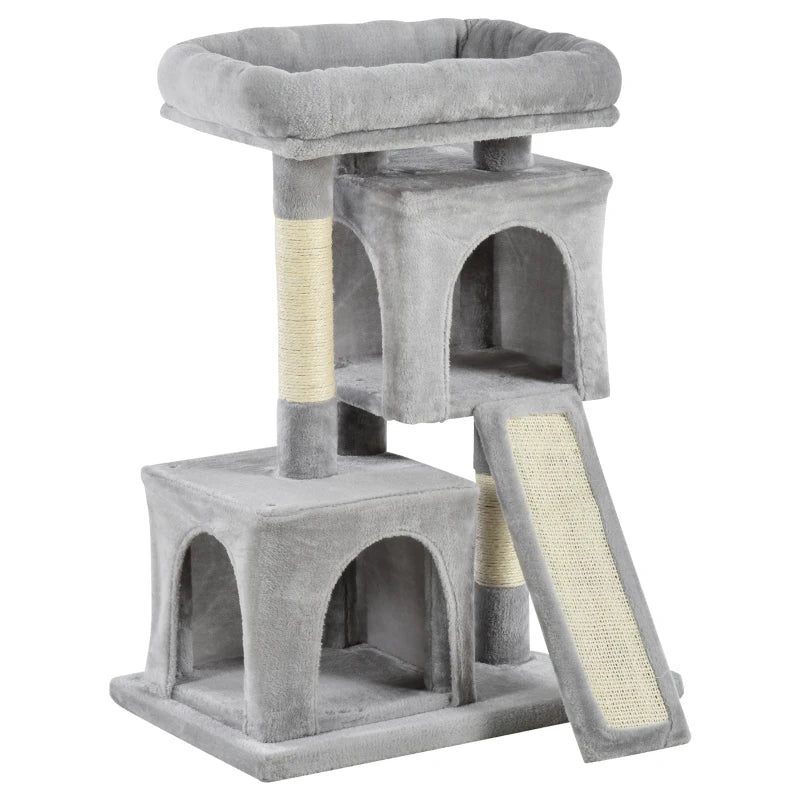 Gray cat tree with multiple levels and a scratching post on a white background