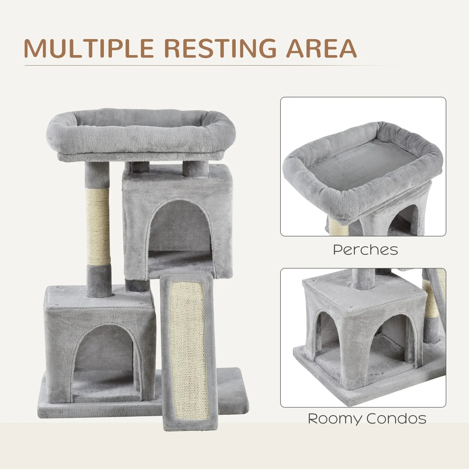 Gray cat tree with multiple resting areas labeled on a white background