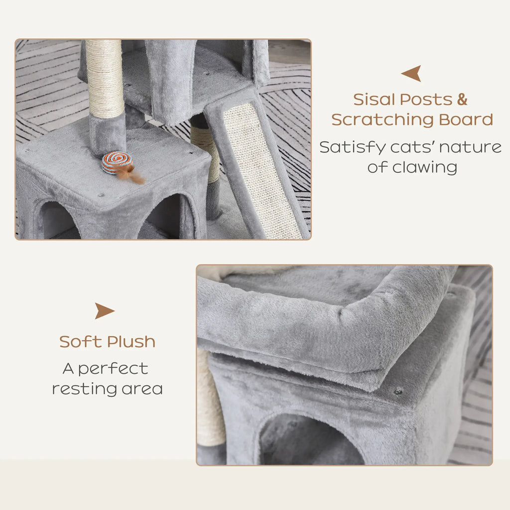 Cat tree with sisal posts, scratching board, and soft plush area on a light beige background.