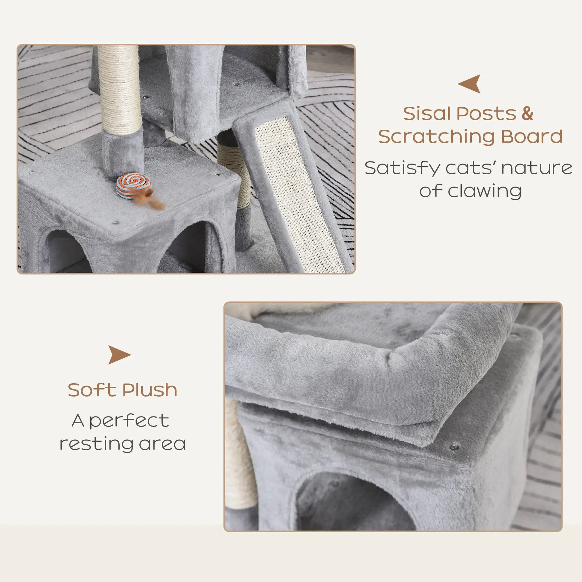 Cat tree with sisal posts, scratching board, and soft plush area on a light beige background.