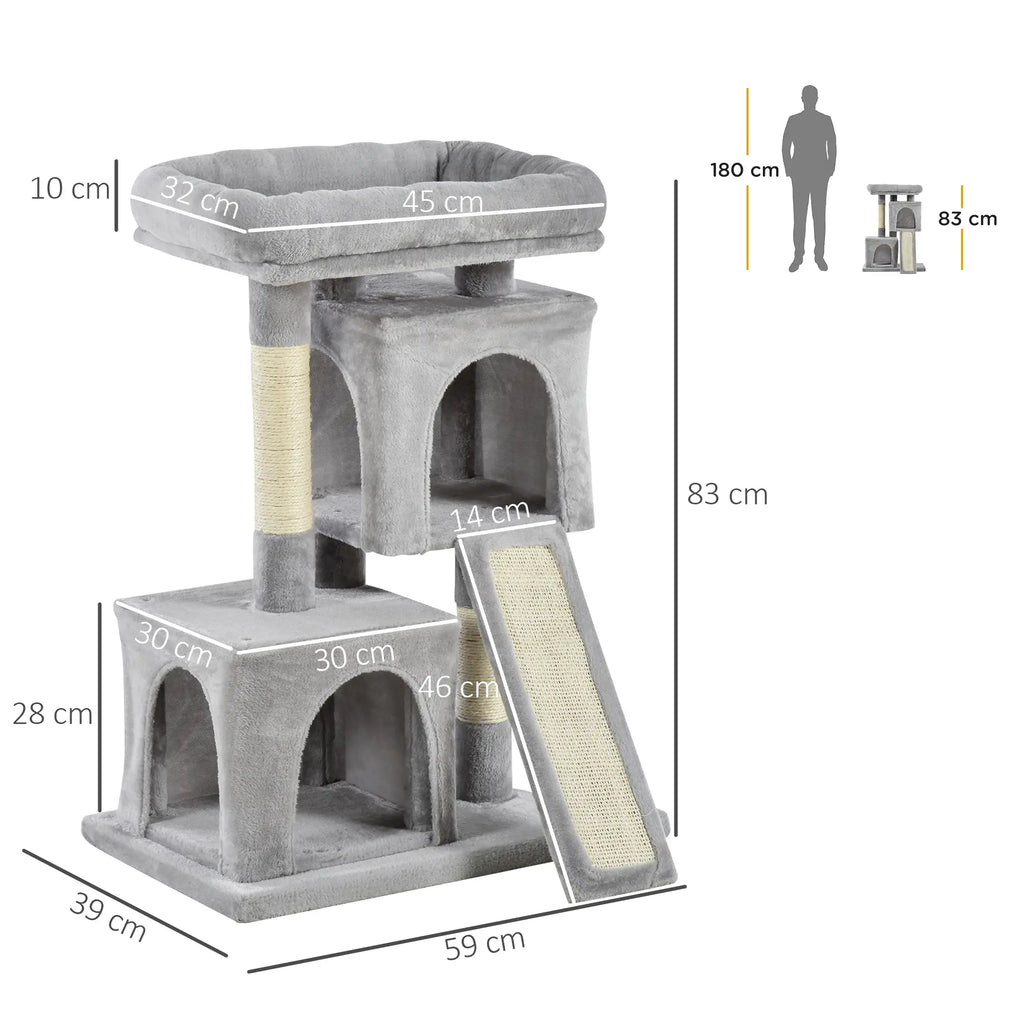 Gray cat tree with dimensions and a person for scale on a white background