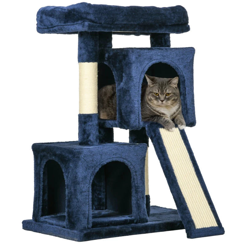 Blue cat tree with a cat sitting inside on a white background