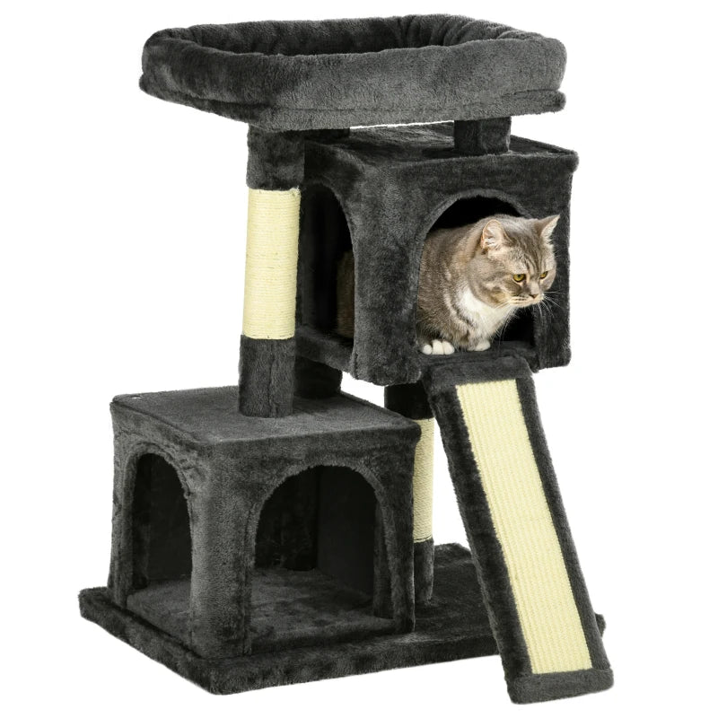 Cat tree with a cat sitting inside on a white background