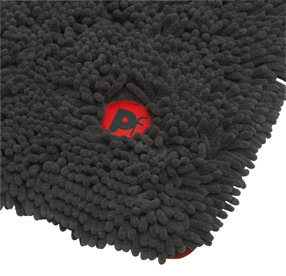 Grey shaggy mat with a red logo on a white background