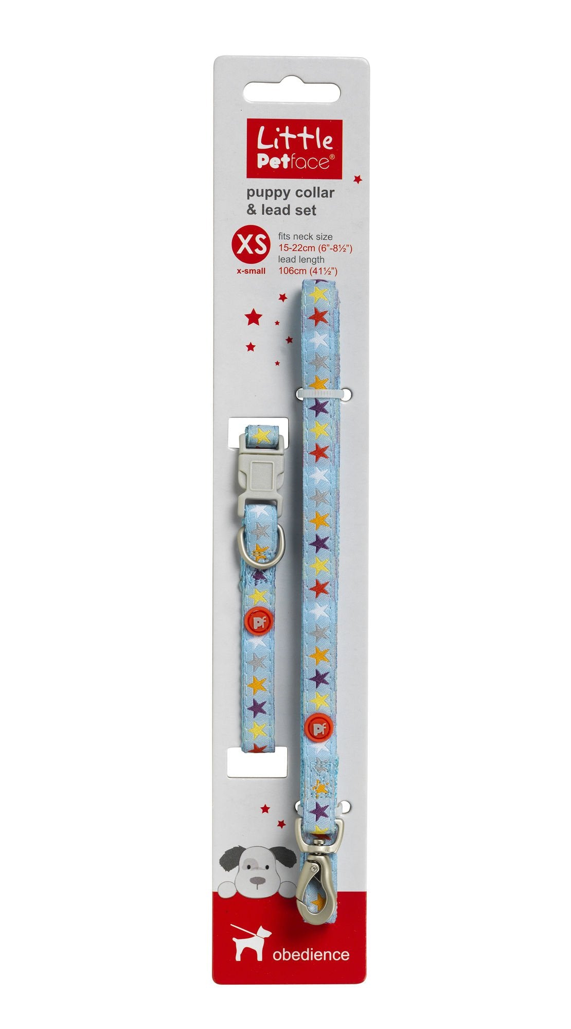 Puppy collar and lead set with star pattern on packaging, brand 'Little Pet Place' visible.